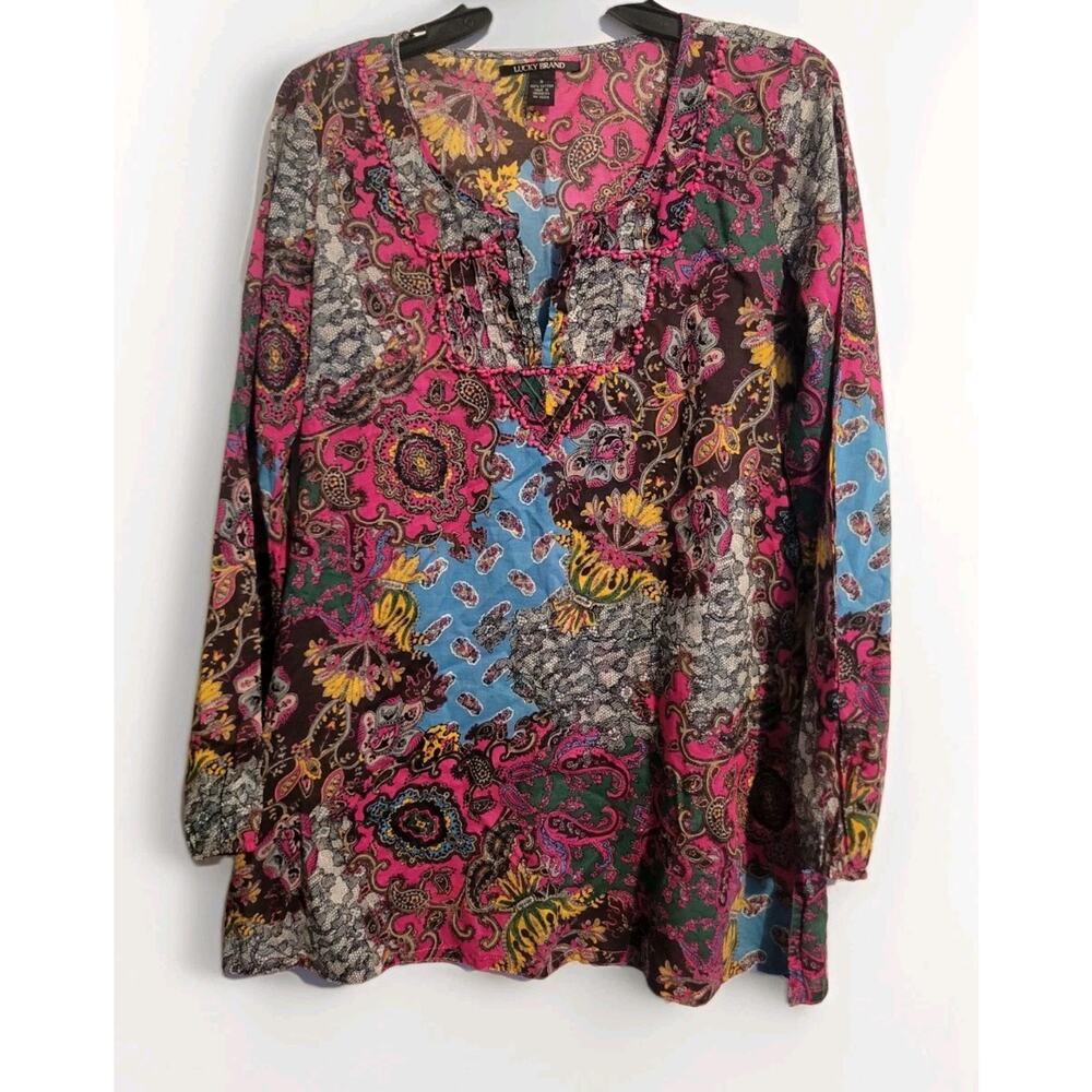 Lucky Brand Women’s S Tunic Blouse Sheer Floral Paisley Peasant Top Cottagecore